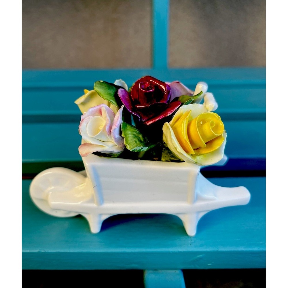 Vintage Coalport England Floral Wheel Barrow Wagon Figurine Fine Bone China